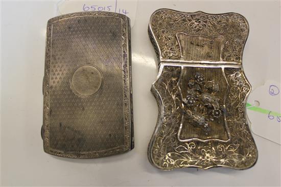 Chinese Export shaped filigree silver card case, relief floral decoration & an engine-turned silver card case